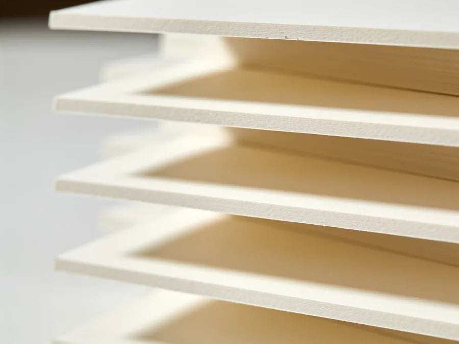Stack of mount boards, close-up on the paper edges
