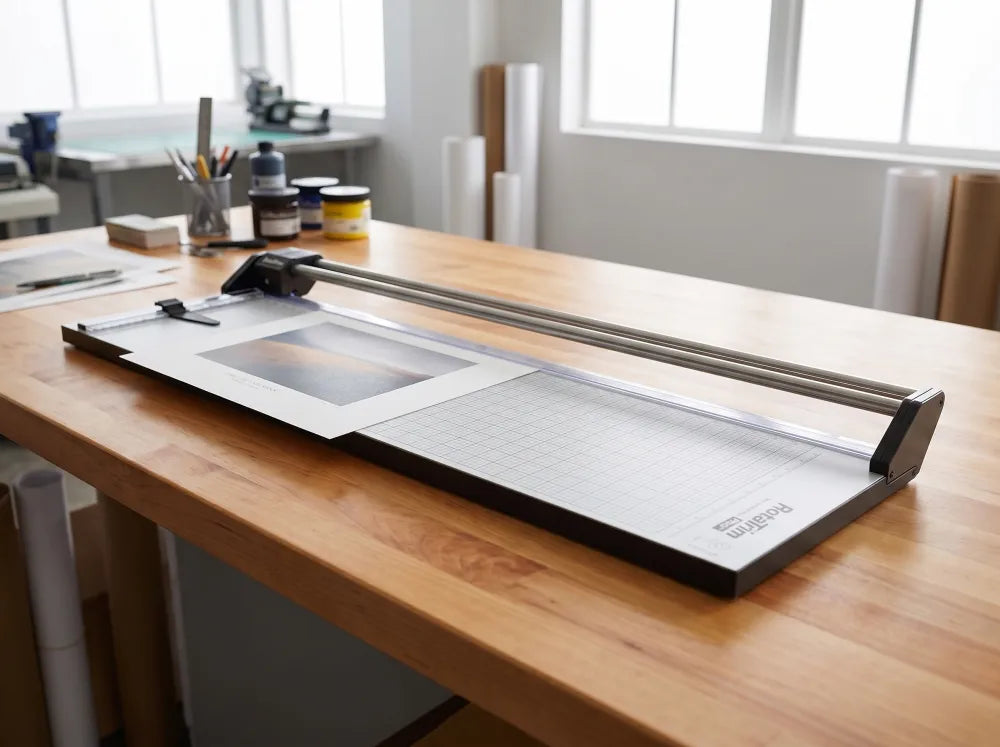 Rotatrim rotary trimmer on a workbench in a print shop