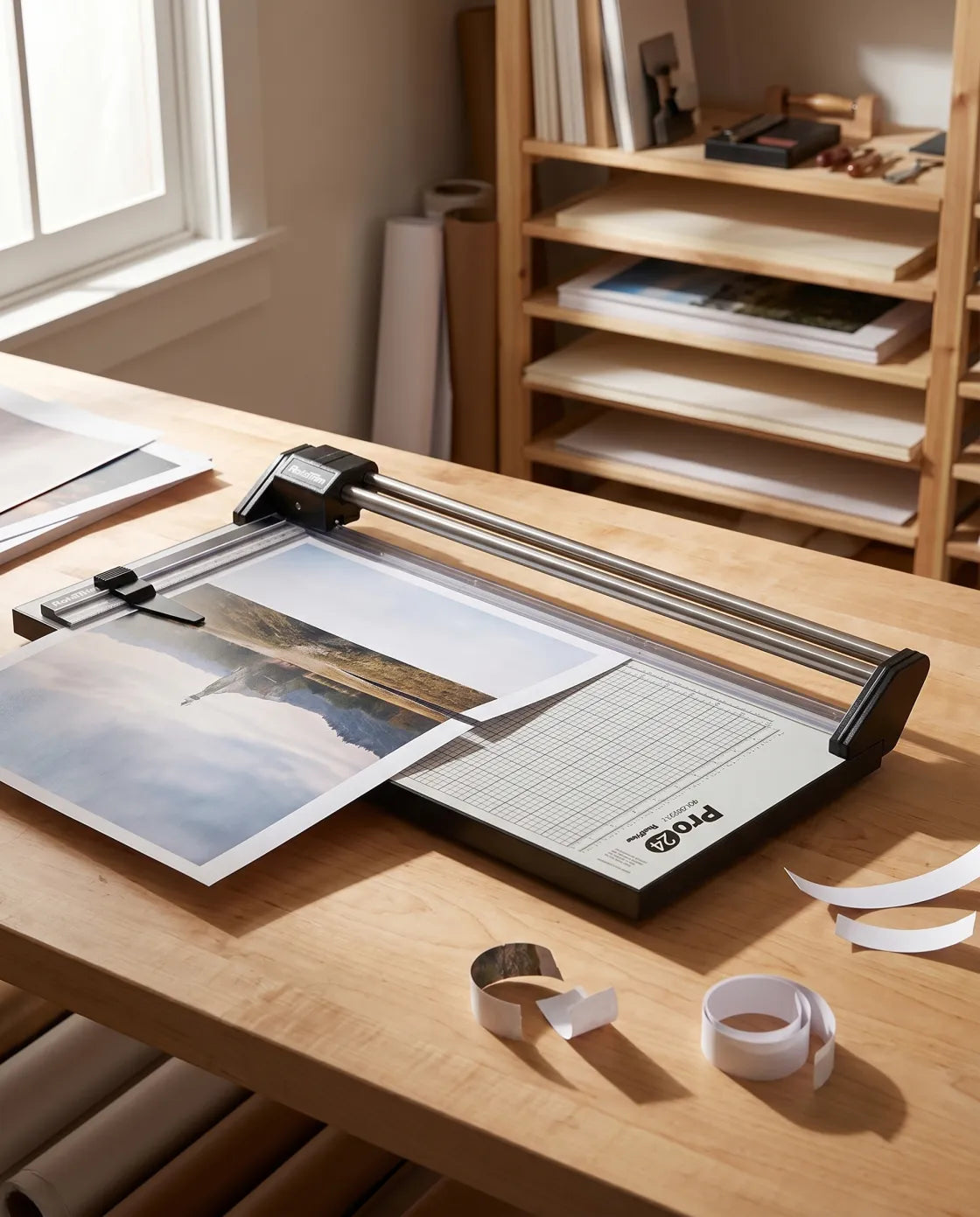 Rotatrim Pro 24 rotary paper trimmer on a workbench in the South Coast Designs print workshop